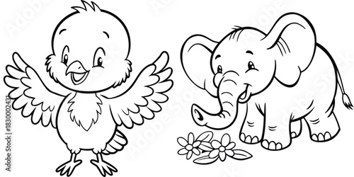 Cute Cartoon Baby Chick and Elephant Coloring Page for Kids Education Activity Design