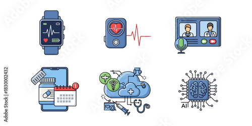 A collection of modern, line art style flat vector illustrations, showcasing the latest trends in health technology (HealthTech).
