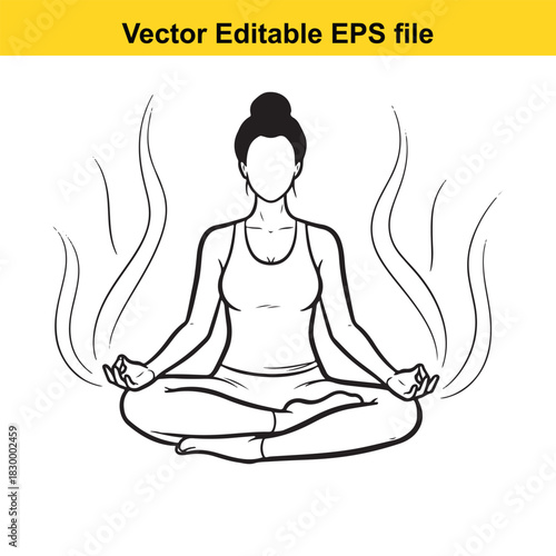 Outline vector illustration of a woman meditating in lotus position with energy flow, isolated on white background
