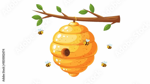A charming cartoon illustration of a golden beehive hanging from a tree branch, with a small swarm of busy honey bees flying around their home