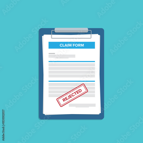 Rejected clipboard claim form. Check list. Online claim form rejected. Vector illustration.	