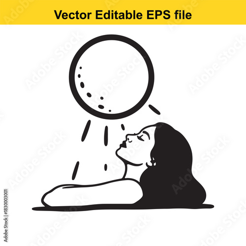 Black and white line art vector illustration of a woman relaxing and sunbathing outdoors under the bright sun, isolated on white background