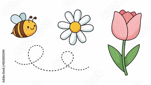 Cute Cartoon Bee Flying Near a Pink Tulip and Daisy Flower with a Dashed Line Trail