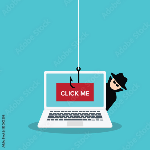 Hacker, scammer using click me bait trying to steal confidential data, personal information and credit card detail a laptop computer.	