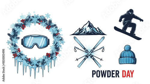 Active winter sports vector elements with snowflake wreath, skis, goggles, and mountain for resort branding