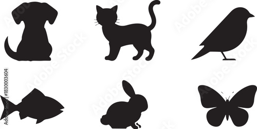 Collection of Black Animal Silhouettes: Dog, Cat, Bird, Fish, Rabbit, Butterfly