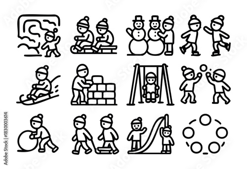 Winter Playground line icons — children playing in the snow, sledding, skating, and building snow forts — stock vector.