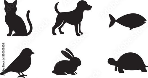 Collection of six black animal silhouettes on a white background