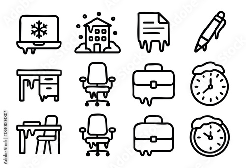 Melting Office line icons — conceptual symbols of burnout, deadline pressure, or climate change featuring melting business items — stock vector.
