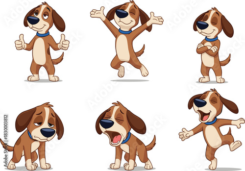 Cartoon dog character showing six emotions and actions, expressive poses, flat vector illustration for kids, animation, education
