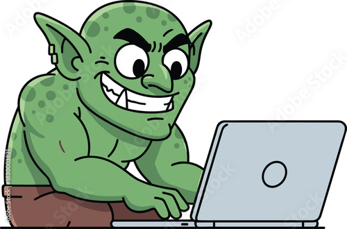 Cartoon goblin character typing on laptop, mischievous fantasy creature in modern tech setting, flat vector illustration for humor, games