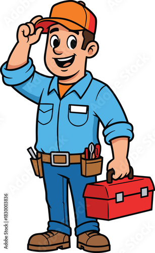 Cartoon handyman character with toolbox and tools, smiling technician tipping cap, flat vector illustration for repair, service, maintenance