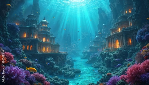 Fototapeta Naklejka Na Ścianę i Meble -  Illustration of underwater city with architecture. Marine landscape with glowing buildings in ocean. Fantasy artwork with coral reefs and fish swimming. Scene represents deep water environment.