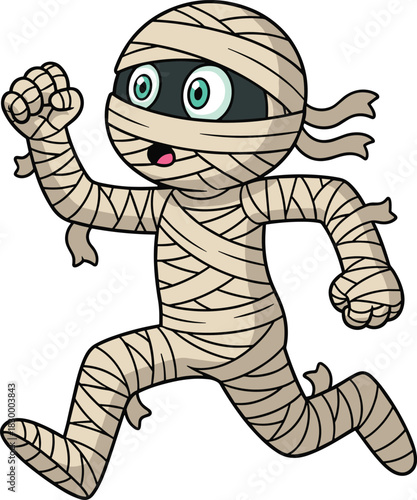 Cartoon mummy character running with expressive eyes and bandages, flat vector illustration for Halloween, kids media, spooky fun
