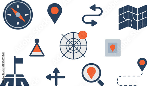 Navigation and location icons set featuring map markers, compass, route directions, tracking symbols and geolocation elements for travel apps, flat vector illustration