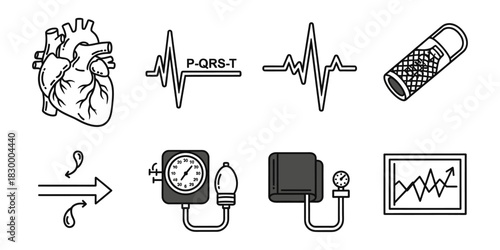 Line Art Icons Set of Cardiology, Heart Health, and Medical Monitoring