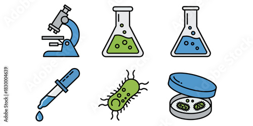 Flat Line Art Icons Set of Science, Laboratory Equipment, and Microorganisms