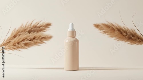 Minimalist cosmetic serum bottle with dropper, framed by dried pampas grass plumes