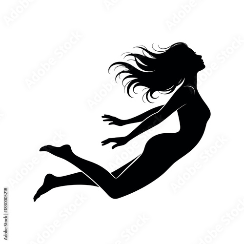 Silhouette of a woman floating gracefully with her hair flowing