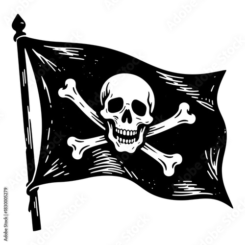 Classic Jolly Roger pirate flag with skull and crossbones waving on pole. Bold black and white vector illustration. Perfect for pirate, Halloween, and nautical themes