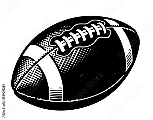 Classic black and white American football ball with detailed laces, vintage style monochrome vector illustration perfect for sport design