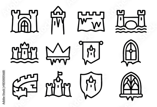 Frozen Castle line icons — fantasy or medieval castle, towers, and crowns covered in ice and snow — stock vector.