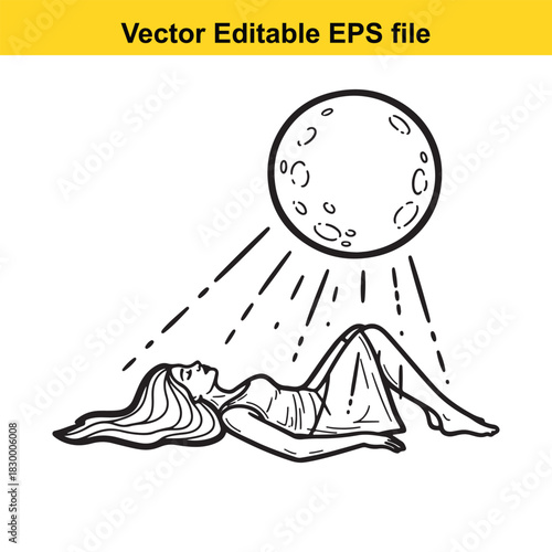 Black and white line art vector illustration of a woman lying down peacefully under the light rays of a full moon isolated on white background
