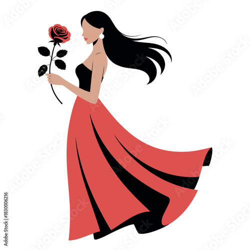 A woman in a flowing red dress holds a single red rose, symbolizing romance and beauty.