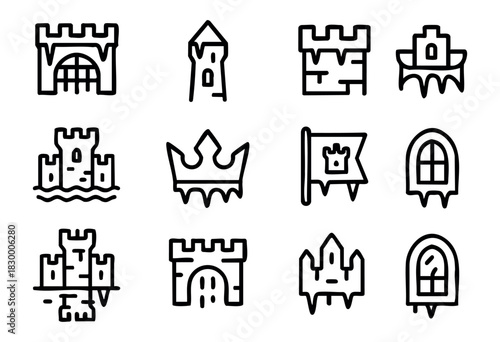 Frozen Castle line icons — fantasy or medieval castle, towers, and crowns covered in ice and snow — stock vector.