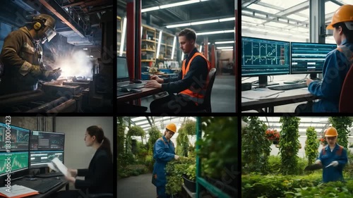 Collage of industrial scenes welder, engineer at computer, mechanic, port containers, stock trader, and greenhouse worker
