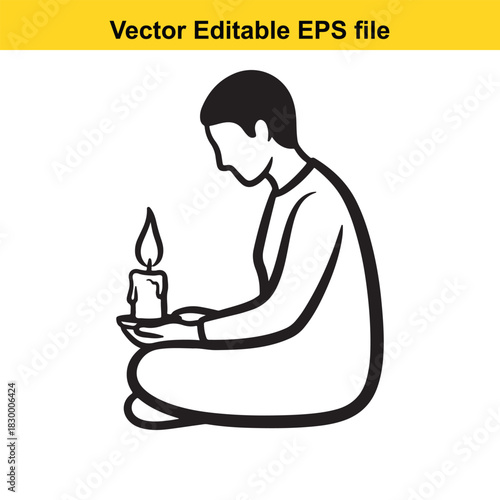 Simple black and white line art icon of a person sitting crosslegged and holding a lit candle, isolated on white background