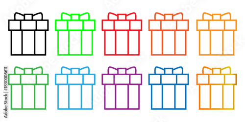 Vibrant Collection of Outline Gift Boxes with Bows in Various Colors, Perfect for Celebrations and Holidays