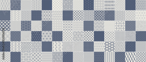 Collection of seamless ornamental blue geometric patterns. Elegant luxury endless backgrounds. Vector repeatable grid textures - symmetric prints