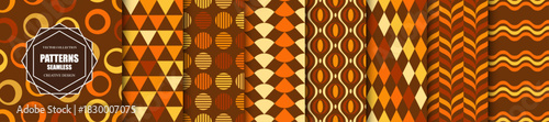 Collection of seamless fun color patterns - geometric ornamental design. Repeatable retro fashion textile backgrounds. Symmetry vintage endless prints