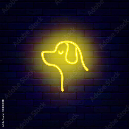 Dog head neon icon. Animal care center. Veterinary, training and grooming. Domestic animal. Yellow human pet. Light sign. Glowing typography. Editing text. Vector stock illustration