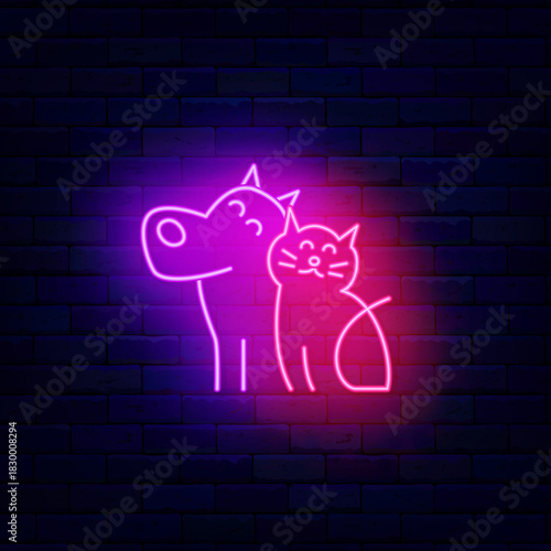 Dog and cat neon icon. Animal care center. Veterinary, training and grooming. Domestic pets silhouette. Light friendship. Glowing typography. Editing text. Vector stock illustration