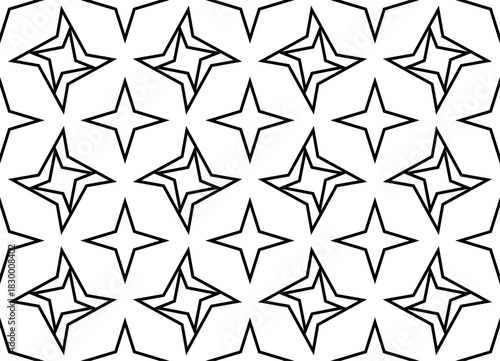 Strict Seamless vector background of stars from thin black lines on a white background. For covers, advertising, packaging. Curved shapes. Tile, wallpaper, fabric, textile. Holiday design