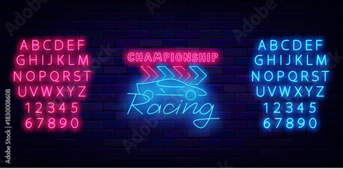 Racing championship neon sign. Auto with sport track. Car racing. Drift show. Glowing blue and pink alphabet. Flyer on brick wall. Editable stroke. Vector stock illustration