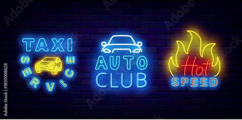 Taxi service neon labels set. Auto club. Hot speed with fire. City Racing. Public passenger transportation. Order and delivery. Glowing banner. Editable stroke. Vector stock illustration