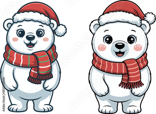 Adorable polar bear mascots in festive winter attire christmas