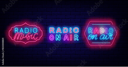 Radio neon signs collection. Music on air and podcast. Online streaming. Event design on brick wall. Vintage frame. Glowing banners. Vector stock illustration