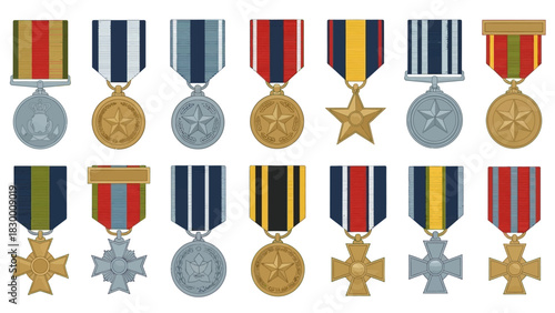 A collection of fourteen different military medals with colorful striped ribbons arranged in two rows on a white background.