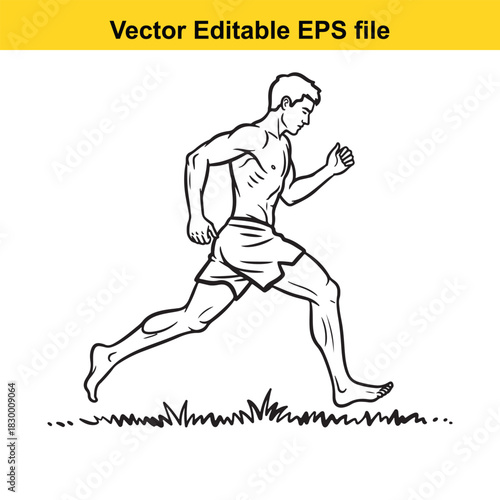 Black and white line art vector illustration of a muscular man running or jogging outdoors, depicted in motion against a plain background