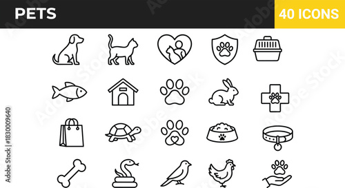 Set of linear pet icons including dog cat bird and veterinary symbols for animal care and pet shop design projects.