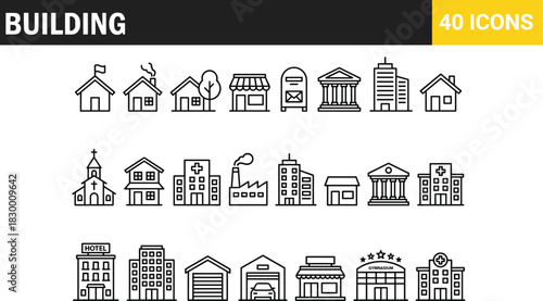 Set of linear building icons including house shop hospital hotel and city architecture for real estate and urban design projects.