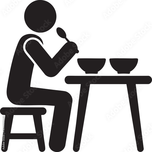 Person eating with spoon at table icon simple silhouette of seated figure having meal with bowls for food, dining, nutrition and cafeteria use