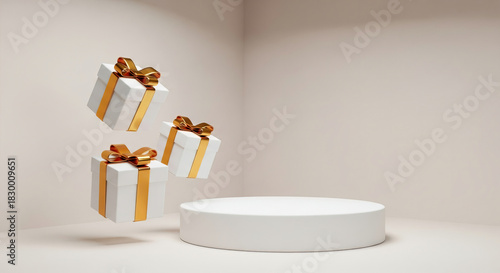 White round product stand on a light-colored angular background and white gift boxes with gold ribbons floating in the air. Minimalist winter scene.