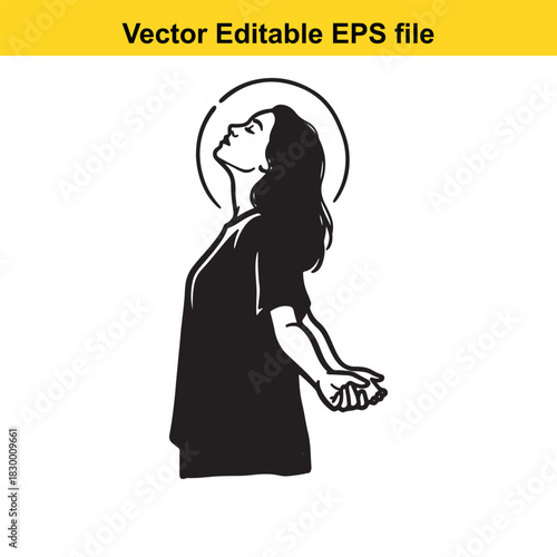 Black and white vector illustration of a woman with long hair looking up towards the sky with a halo, isolated on white background