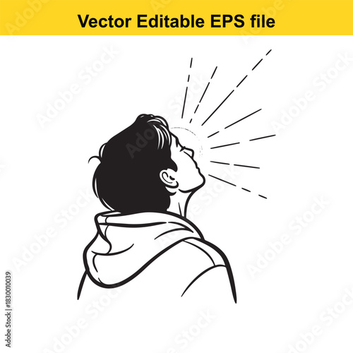 Black and white line art vector illustration of a person wearing a hoodie looking up and shouting or yelling with radiating lines indicating sound or light, isolated on white background