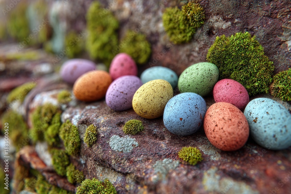 Obraz premium Colorful Eggs Laid Upon a Mossy Stone During a Sunny Spring Day Generative AI